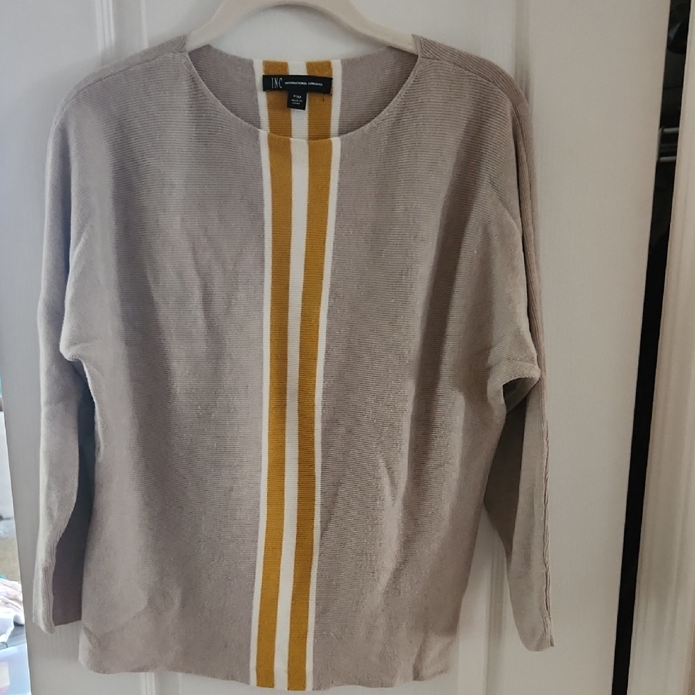 INC International Concepts Beige Sweater with Yellow Stripe, Size Medium Petite